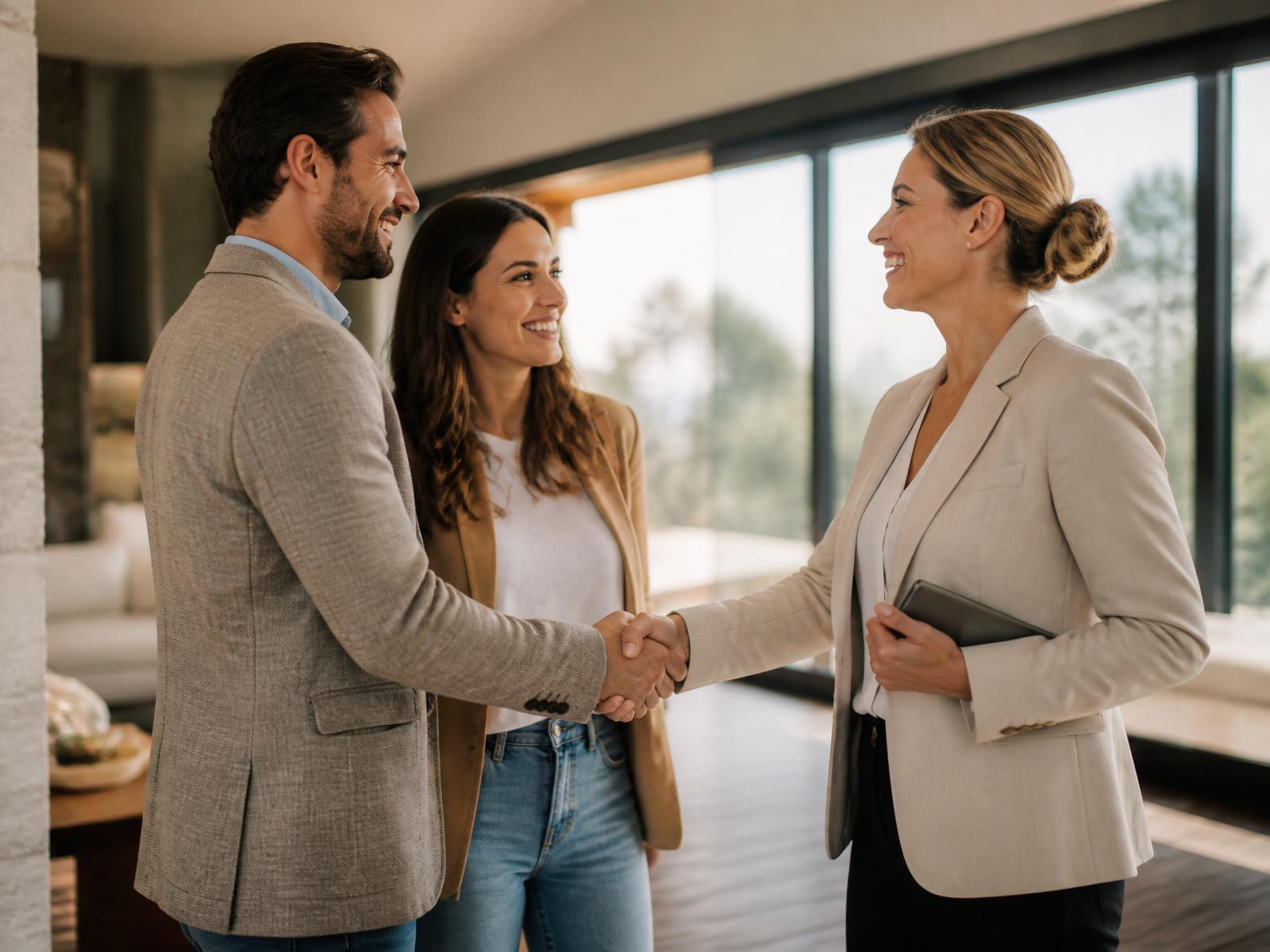 A real estate agent welcoming a happy couple inside a bright luxury home
